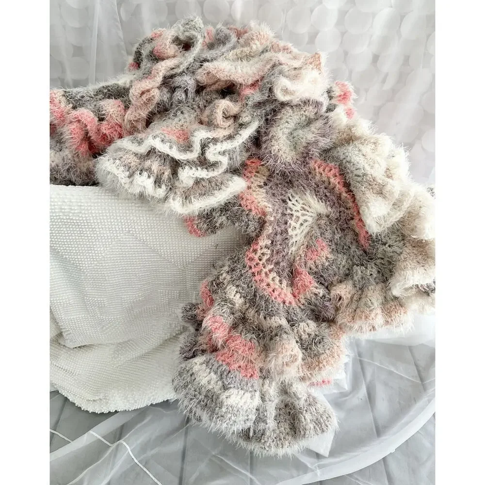 Hand Made LONG Curly Crochet CORKSCREW Throw Blanket FUZZY Grey Beige Pink